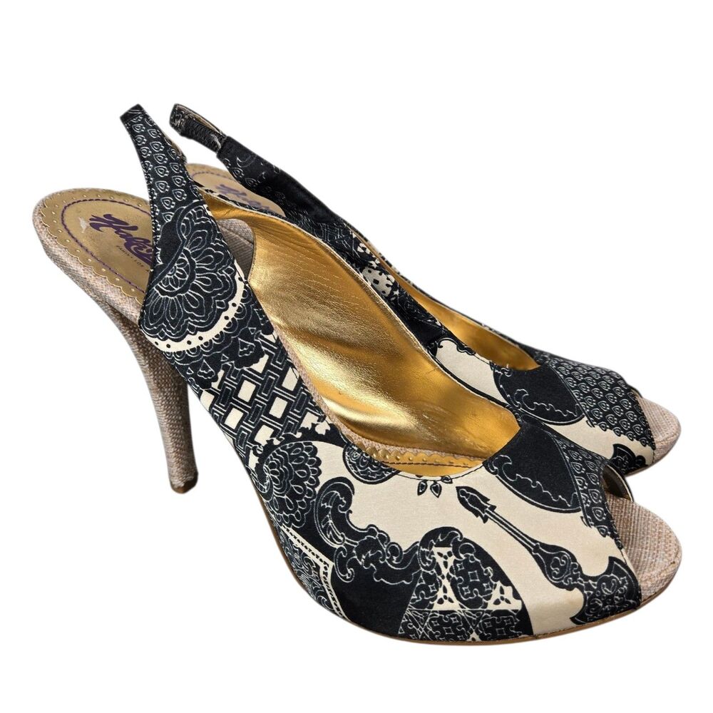 Hale Bob Tan Black Heels Sz 10 M Peep Toe Slingback Leather Outsole